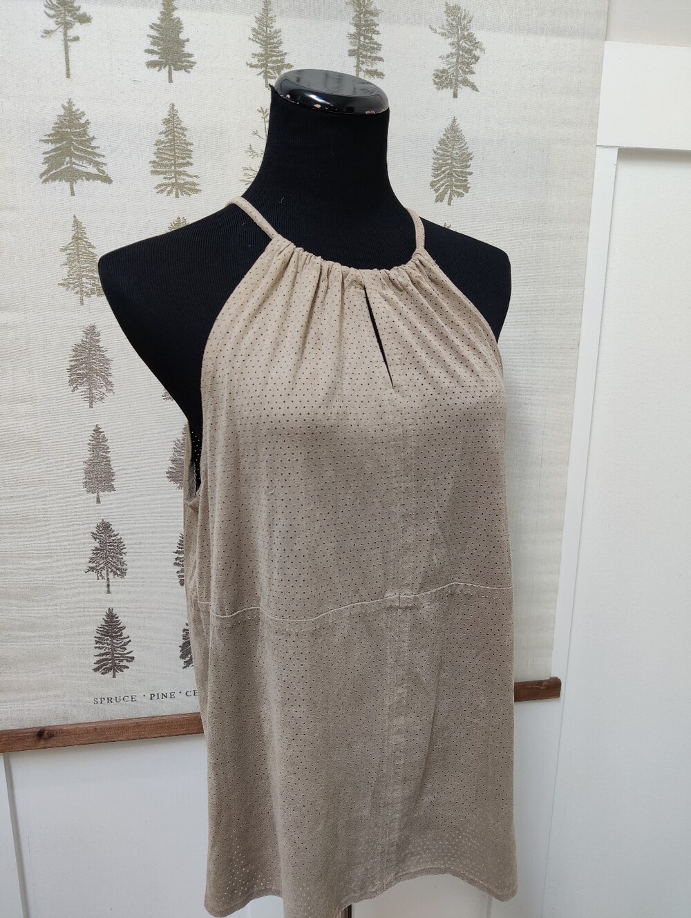 Max Studio Faux Suede Halter Top Perforated Keyhole Blouse Beige Tan Large
